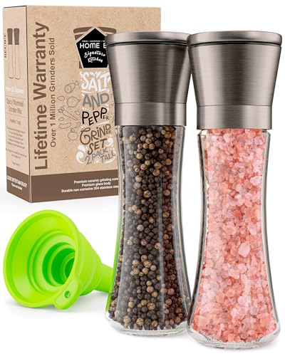 Image of Home EC Original Gun Metal Bronze Salt and Pepper Grinder Set of 2 - Adjustable Ceramic Grinder - Tall Glass Salt and Pepper Shakers With Funnel and Ebook - Spice Mill - Bronze Kitchen Accessories