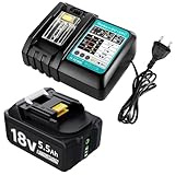 Ladegerät mit 18v 5500mAh Akku für makita BL1830B BL1840 BL1850 BL1850B BL1860 BL1860B BL1815 LXT-400,5.0Ah 18V Ersatzakku mit Netzteil DC18RC 3A