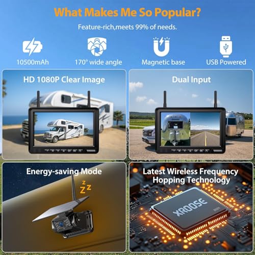 Image of Magnetic Solar Wireless Backup Camera Plug and Play 7 inch 1080P HD DVR IPS Monitor,IR Night Vision,IP69 Waterproof 1-Min Solar Install,No-Drill,Xroose Wireless Backup Camera for Truck /Trailer /Camp