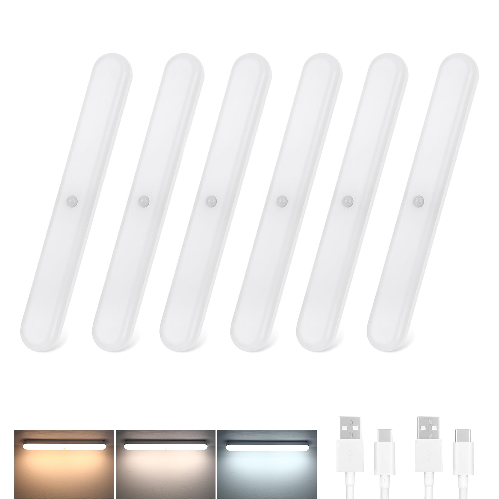 CBJKTX 6x Unterbauleuchte Küche LED Schrankbeleuchtung mit Bewegungssensor | - Küchenlampe USB Aufladbar Akku Nachtlicht Kabellos Schranklicht 24CM Magnet Innen Unterschrank Beleuchtung
