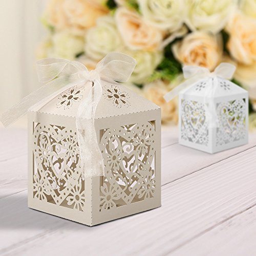 Lucky Monet 25/50/100Pcs Love Heart Laser Cut Wedding Candy Gift Box Chocolate Box For Wedding Favor Birthday Party Bridal Shower With Ribbon (50Pcs, Beige) #TOP2