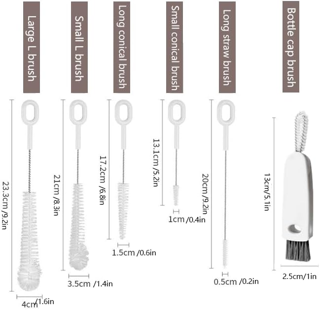 6-in-1 Bottle Cleaning Brush Set, Multi-Functional Cup Brush with Long Handle, Straw Cleaner, Bottle Brush, Lid Gap Cleaning Brushes for Water Bottles, Tumblers, and Narrow Containers (White(6 Pack))