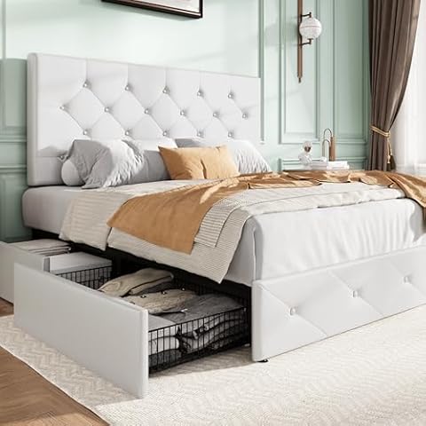 SHA CERLIN Upholstered Queen Size Platform Bed Frame with 4 Storage Drawers, Adjustable Headboard with Diamond Stitched Button Tufted Design, Wooden Slat Support, No Box Spring Needed, White Cover