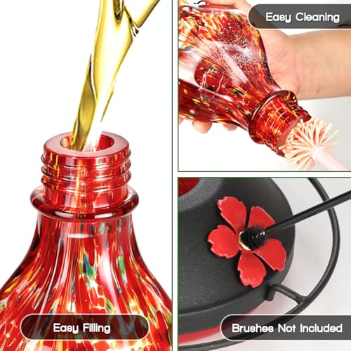 Hand Blown Glass Hummingbird Feeders for Outdoors Hanging, 24oz Wild Bird Nectar Feeder with Ant Moat and Perch, Bee-Resistant Ports, Garden Decor, Gifts for Women Mom, 1 Pack, Red Polka Dots - Image 5