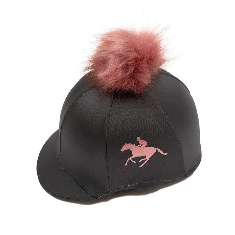 Luvponies - Funda personalizada para sombrero de equitación, diseño de caballo y jinete, color gris/oro rosa con pompón e impresión