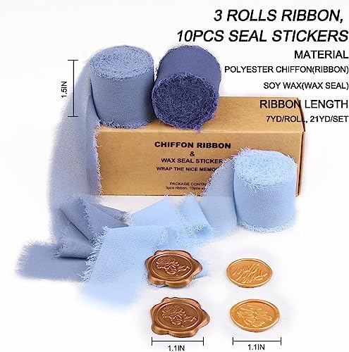 Chiffon Silk Ribbon for Gift Wrapping, Frayed Boho Ribbon for Wedding Invitation Bridal Bouquet, 3 Rolls 1.5 Inch 7 Yards Dusty Navy Blue Ribbon, 10Pcs Wax Seal Stickers Included