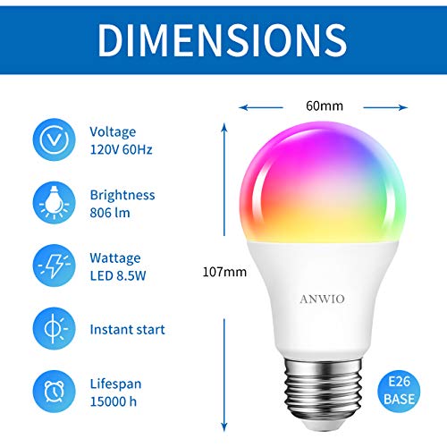 Anwio 2-Pack Smart Light Bulbs 8.5W (60W Replacement) A19 E26 Led Bulb Work With Alexa, Google Assistant, Smart Life App, Tuya App, Color Changing, No Hub Required #TOP2