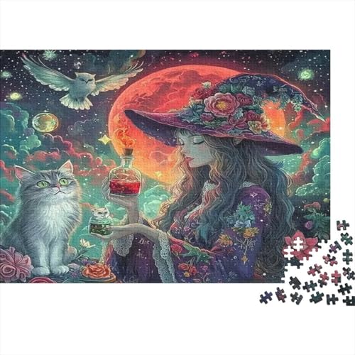 Puzzle de 1000 piezas resistente de 52x38cm con diseño de gato encantado y bruja
