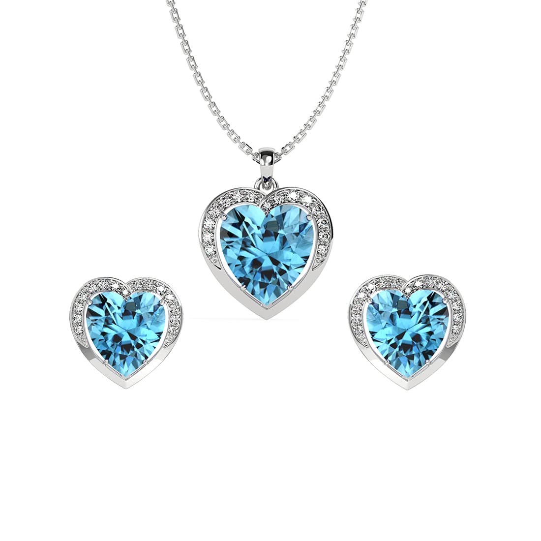 925 Sterling Silver Sky Blue Heart Pendant Earring Chain Jewellery Set | Rhodium Plated, Swiss Zirconia | Gift for Women & Girls-image-32