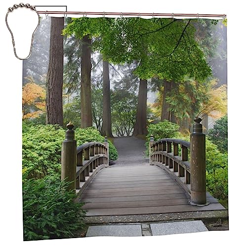 SATOHA Shower Curtain Garden Bridge Scene Waterproof Moistureproof Trees Outdoor Landscape Bathroom Bath Curtains Decoration 183x183cm