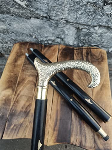 Wooden Black Designer Walking Stick Vintage Brass Derby Head Handle Antique Cane