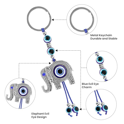Image of Storite Evil Eye with Feather Keychain, Elephant Style, Blue Silver