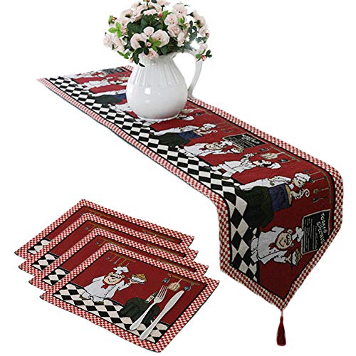 bistro chef kitchen accessories - Chef Kitchen Decor and Accessories, Cheerful Fat Chef Table Runner and Placemat Set - Rustic Jacquard Cotton Linen 1PC Table Runner and 4PCs Placemats Value Pack for Indoor&Outdoor Events, Red