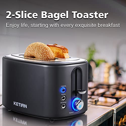 2 Slice Toaster,Ketian Retro Stainless Steel Toaster,1.5'' Extra Wide Slots, Bagel Cancel Defrost Reheat Functions,6 Toast Browning Settings,Removable Crumb Tray,Black #TOP4