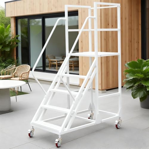 Image of 5 Step Rolling Ladder - Mobile Rolling Stairs with Wheels, Heavy Duty Industrial Safety Non-Slip Metal Rolling Ladders, 1100lbs Capacity, for Warehouse, Garage, Supermarket