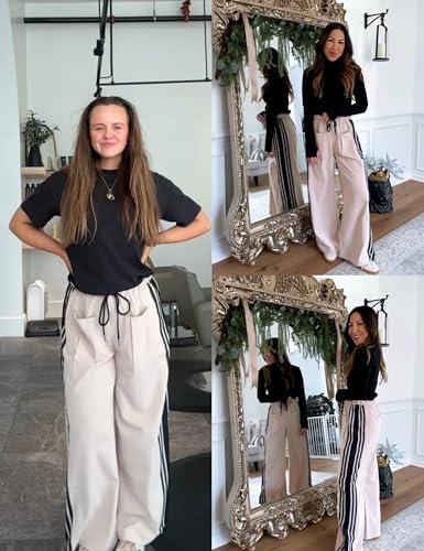 Hongsui Women's Wide Leg Pants Drawstring High Rise Side Striped Slouchy Palazzo Pants with Pockets3