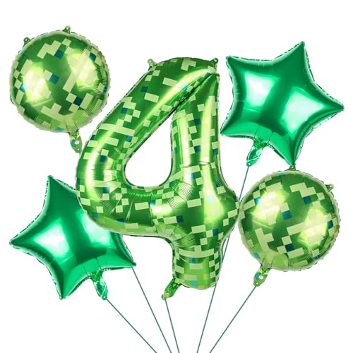 101,6cm Globo Número Píxel Verde, Globo Aluminio Grande con Forma Estrella y Círculo para Niños y Niñas Decoración para Fiesta de Cumpleaños con Temática Juegos (Número 4)