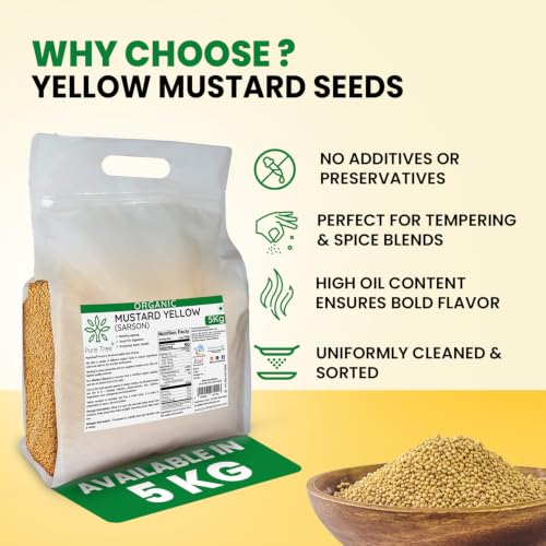 Image of Pure Tree Certified Organic Yellow Mustard Seeds | 5 Kg / 5000 g | Rai Seeds Pili Sarson dana | Aromatic Kadugu Avalu | Sarso Seeds