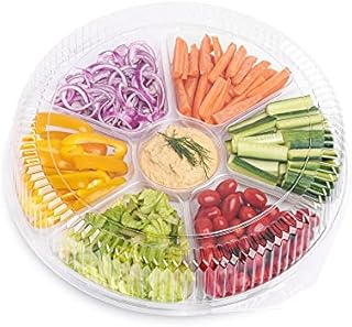 STACKABLES Pack of 3 Large Plastic Compartment Trays with Dome Lids - Reusable Serving Platters for Parties - Compartment Appetizer Platter - 7 Sections - Clear - 16" (40cm)