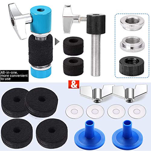 Facmogu 13Pcs Cymbal Replacement Accessories, Standard Hi-Hat Clutch, Drum Cymbal Felt Pads Include Wing Nuts & Washers & Plastic Cymbal Sleeves, Replacement For Drum Set - Blue #TOP6