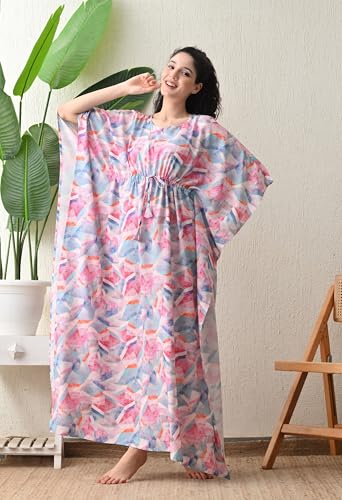 Image of Ichaa Women's Pink Rayon Printed Round-Neck Kaftan-Style Free Size Nighty with Drawstring