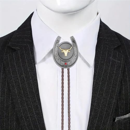 Image of Jeilwiy Bolo Tie for Men, Western Cowboy Golden Longhorn Bull Eagle Horse Cowboy Hat Bolo Necklace Leather Necktie for Women