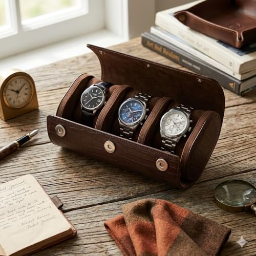 Image of essart Luxury Watch Roll Case - Travel Watch Organizer-Watch Travel Case for 3 Watches | PU Leather Portable Gift Box for Watch Collectors