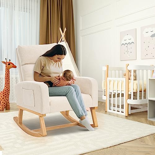 HOMYKA Rocking Chair Nursery, Upholstered Nursing Rocker Chair for Mom with High Backrest and Side Pockets for Bedroom Living Room, Beige