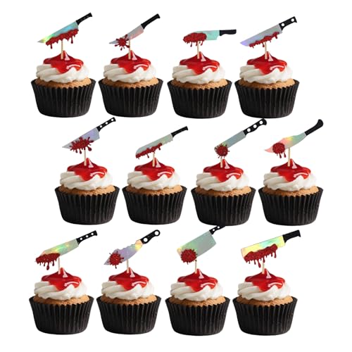 24pcs Décorations pour Cupcakes d'Halloween, 12 Styles Paillettes Couteau Sanglant Effrayant Décoration Gâteau d'Horreur pour Décorations de Gâteaux d'Halloween