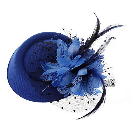 LXQ Mujeres de Plumas Fascinators Sombrero Pillbox Sombreros con Velo de Flor de Plumas Hairclip Boda Sombreros para Mujeres Banquete del Partido,Azul