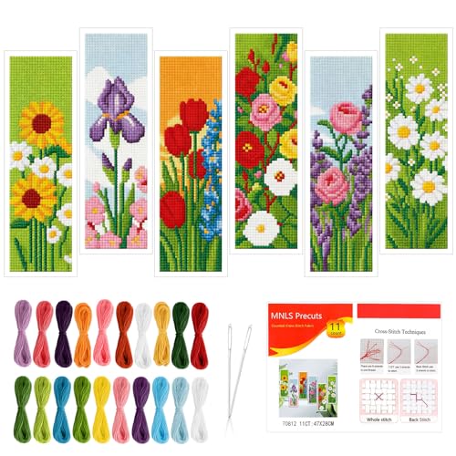 JSRQT Kit Marque-pages à Point de Croix Fleuri, 6 Pièces 11CT Marqueurs de Page Pré-imprimés avec Instructions, Broderie à la Main Cadeau pour Amateurs de...