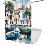 Cortinas de Ducha de Estilo ilustración mediterránea, Edificios y Barcos con patrón de Coloridos, Cortinas de Ducha Decoración Moderna del baño Impermeable 120 x 180 cm