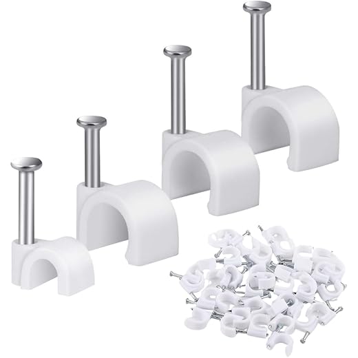 Hi-PLASST Cable Clips Combo of 300pcs (4mm + 6mm + 8mm +12mm) Wire Fastener with Metal Nails for Cable Management, Round Wire Clamps for Hanging Cables Fitting on wall Pack of 4, 75 Pieces Each Size