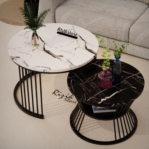Image of RIZIK Store Iron Frame Handmade 20.5 inch x 20.5 inch Round Coffee Table /Nesting Table /Side Table /Center Table with Engineered Wood Top for Living Room /Drawing Room /Balcony (White Black)