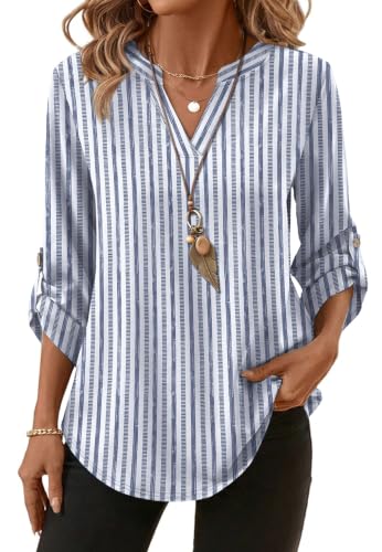 3/4 Length Sleeve Womens Tops Summer Business Casual Outfits for Women Work Blouses Dressy Casual Maternity Shirts Trendy Spring Fashion Women's Clothing Blue Stripe XL