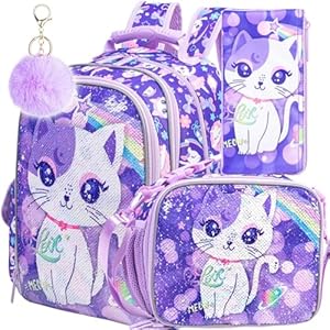 UFNDC 3PCS Cat Backpack for Girls, 16”Kids Sequin Bookbag with Lunch Box, Water Resistant School Bag for Elementary Preschool Toddler