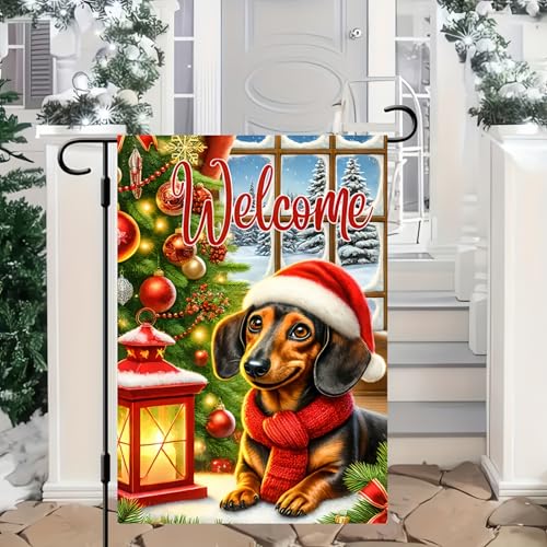 Image of BlissYard Christmas Dachshund Dog Garden Flag 12x18 Inch Polyester | Double sided polyester, Christmas dachshund scarf lantern design, cozy dog lover decor for holiday porch and yard