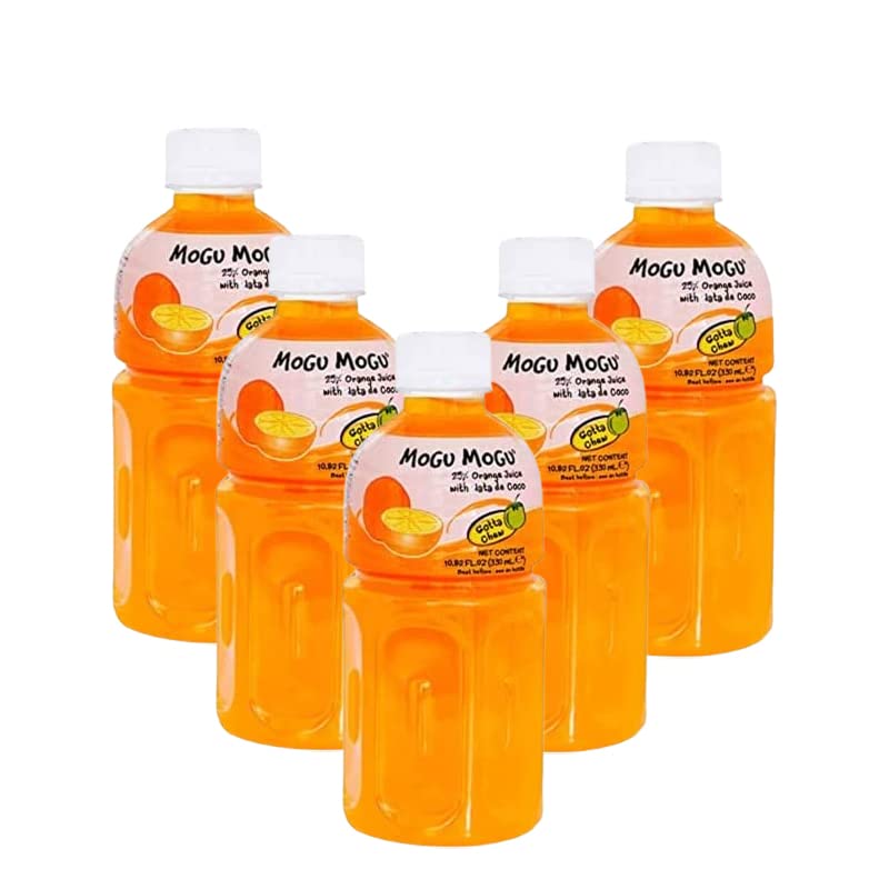 Mogu Mogu Varied Flavored Drinks - Nata De Coco Juice - Jelly Texture - Refreshing Taste - Fun Drinking During Hot Summers Or Take Them on Trip & Picnics (Orange 330ML, Pack of 5)