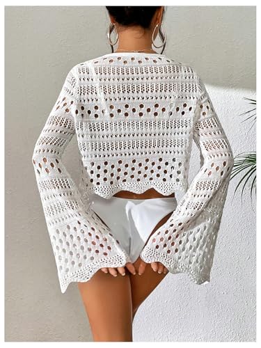 Milumia Women's Hollow Out Tie Front Cover Up Flare Sleeve V Neck Crochet Kimonos3