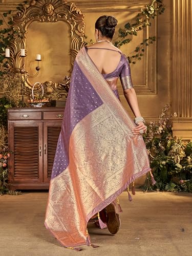 Image of Mehrang Women's Banarasi Silk Kanjivaram Saree For Wedding With Pure Zari Work, Woven Design, With Unstitched Blouse Piece