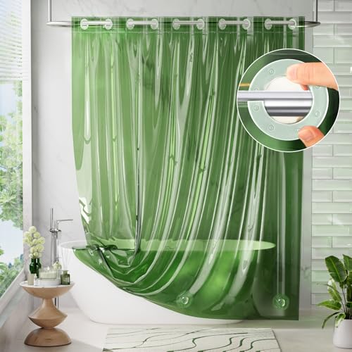 Image of AmazerBath No Hook Shower Curtain Liner, 100% EVA Heavy Duty Hookless Shower Curtain and Liner 3-in-1, 72x75 Luxury Soft Shower Liner with 3 Heavyweight Stones, Clear Green