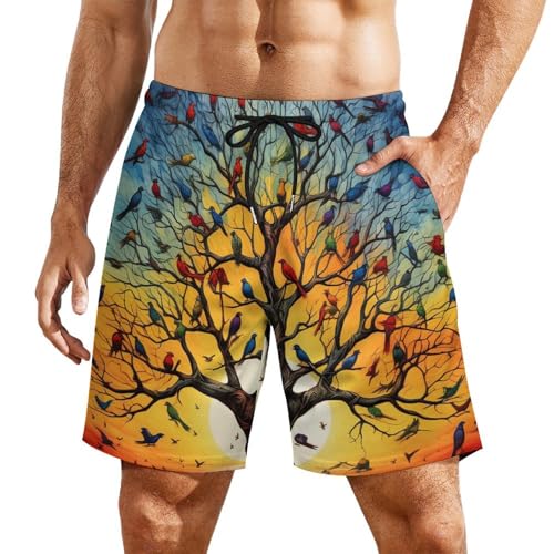 Tree Birds Life Men's Swim Trunks with Compression Liner Summer Bathing Suit Beach Shorts with Pockets