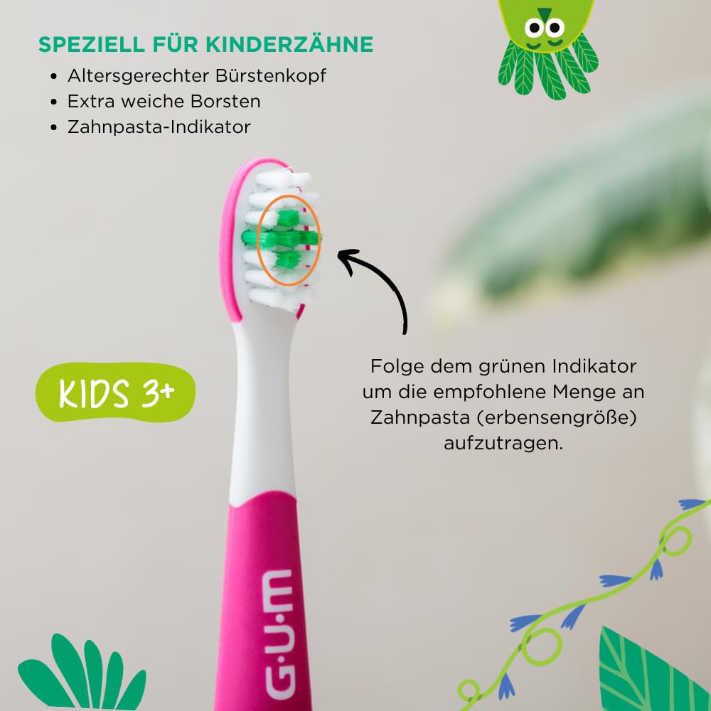 GUM Playbrush KIDS 3+ elektrische Zahnbürste | Interaktive Spiel-App | 2 Putzmodi | Extra weiche Borsten | 8 Wochen Akku | Timer | 1x Schallzahnbürste, wiederaufladbar | 2 extra Bürstenköpfe | Pink