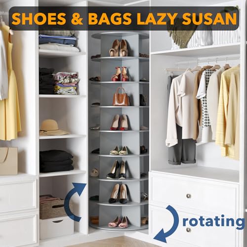 SpaceAid 8 Tier Rotating Shoe Rack Tower, Spinning Shoe Display Lazy Susan, Revolving 360 Shoe Rack Storage Round Carousel, Vertical Handbag Rotate Shoes Closet Organization (8-Tier Gray)