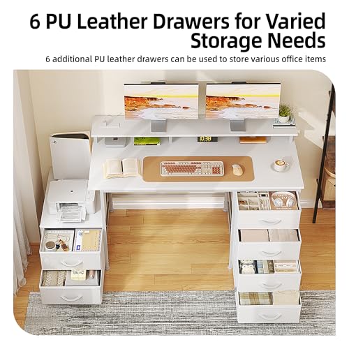 Image of 52 Inch Office Desk with 6 Drawers and Printer Space for Storage, Reversible Computer Desk with Monitor Stand & Power Outlets, Home Office Desks, White