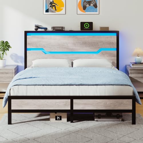Image of Homkdom Full Size Bed Frame with LED Storage Headboard & USB Ports Grey | Underbed Storage for Saving Space, Noise-Free Quiet Sleep Setup for Teens Room, College Dorms & Small Studio Apartments