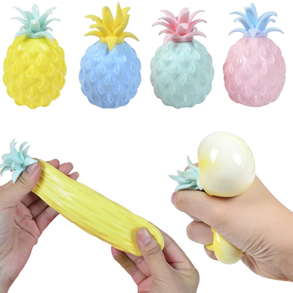 DENBOS 4Pcs Pineapple Stress Balls Toy Tropical Fruit, Gel Water Beads- Squeeze, Pull, and Stretch Promote Stress Relief, Calm Focus- Kids and Adults(4-Color, Medium)