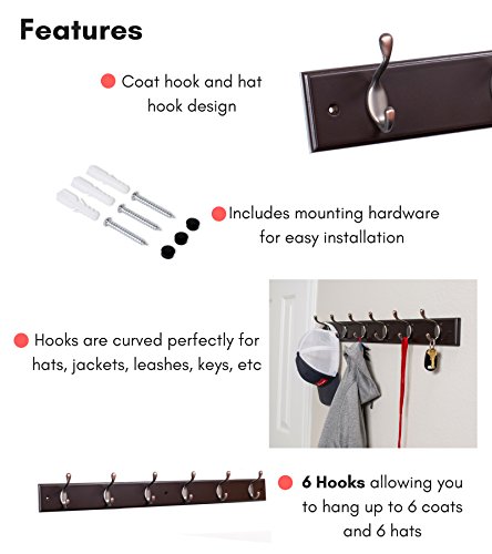 Birdrock Home Hook Coat And Hat Rack - 2 Pack - 6 Hooks - 27 Inches - Wall Mount - Decorative Home Storage - Entryway Foyer Hallway Bathroom Bedroom Rail - Oil Rubbed Bronze Hooks - Dark Brown Pine #TOP2