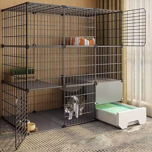 Großer Katzenkäfig, zusammenklappbarer Metall-Katzenkäfig, Haustierkäfig, Indoor-Katzenkäfig mit Katzentoilette, mit Katzenhängematte, Katzenbett, Katzenleiter, Katzentoilette (Farbe: Schwar