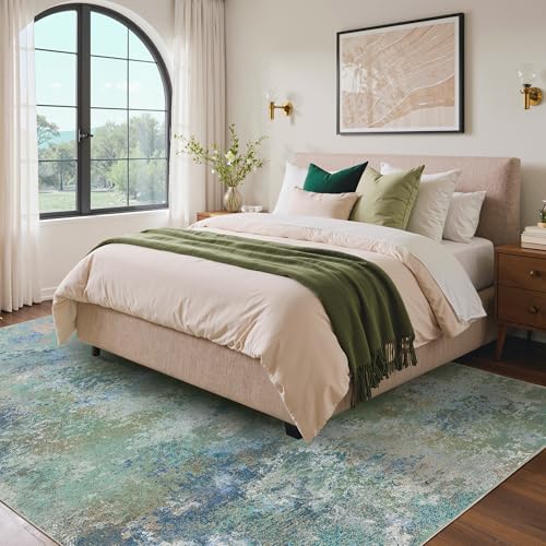 Image of BEIMO Area Rugs 8x10 for Living Room Bedroom, Modern Abstract Machine Washable Rug, Large Soft Low Pile Floor Carpet with Non Slip Backing for Dining Room, Blue Green